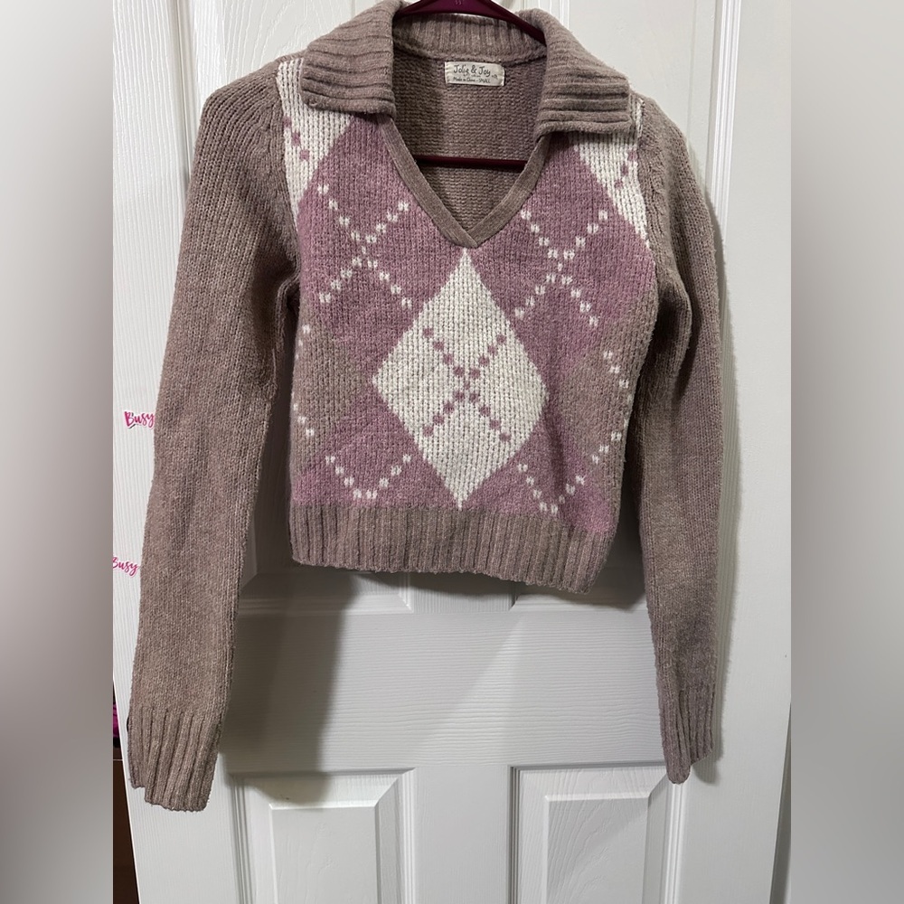 Jolie And Joy Pink And Beige Sweater Argyle Patterned V-Neck Sweater‎ Size Small